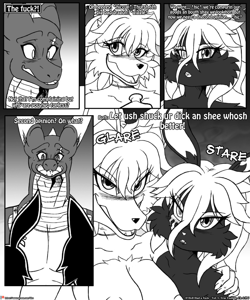 2018 absurd_res anthro blake_sinclair blush bodily_fluids breasts canid canine choker clothed clothing comic dragon drunk english_text female fox group hair hi_res horn if_hell_had_a_taste jewelry lagomorph leporid male mammal monochrome muscular muscular_anthro muscular_male necklace nipples notched_ear open_mouth profanity rabbit scales scar shirt skylar_fidchell substance_intoxication sweat text tiffany_brewwer topless topless_female topwear trio viroveteruscy