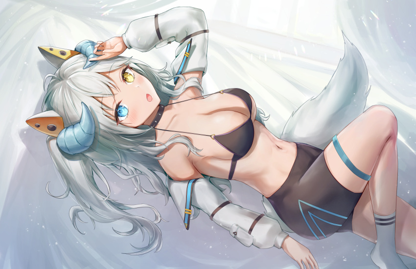 1girl :o bangs bare_shoulders bikini bikini_top_only black_bikini blue_eyes blush breasts cleavage green_hair hand_up heterochromia highres horns knee_up large_breasts long_sleeves lying navel off_shoulder on_back open_mouth original sauvignon socks swimsuit tail thigh_strap thighs white_socks yellow_eyes