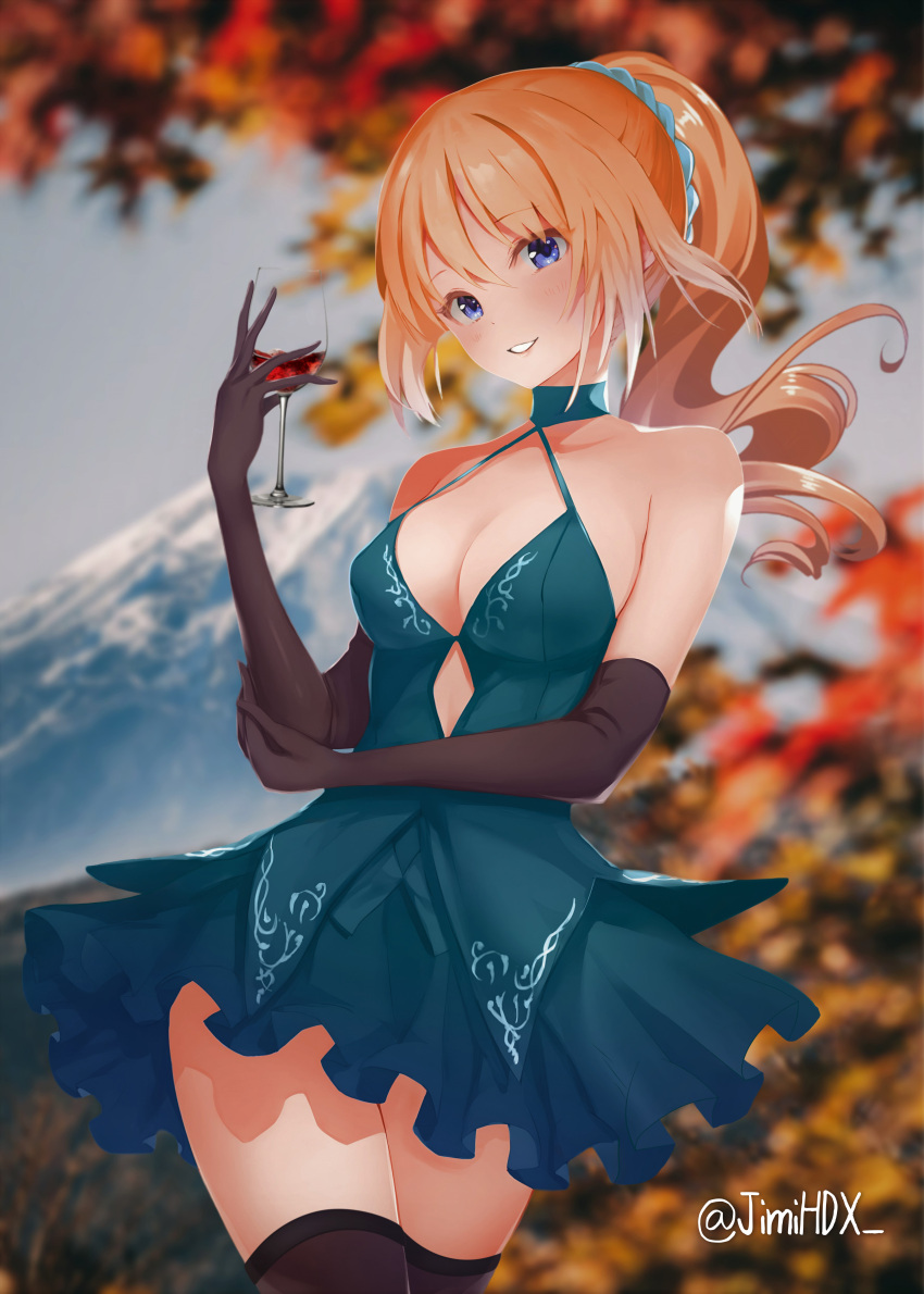 1girl absurdres alcohol artist_name bare_shoulders black_gloves black_thighhighs blonde_hair blue_eyes blurry breasts cleavage cup depth_of_field dress drinking_glass elbow_gloves gloves green_dress halterneck highres holding holding_cup jimihdx karuizawa_kei long_hair medium_breasts parted_lips ponytail smile solo thighhighs wine wine_glass youkoso_jitsuryoku_shijou_shugi_no_kyoushitsu_e