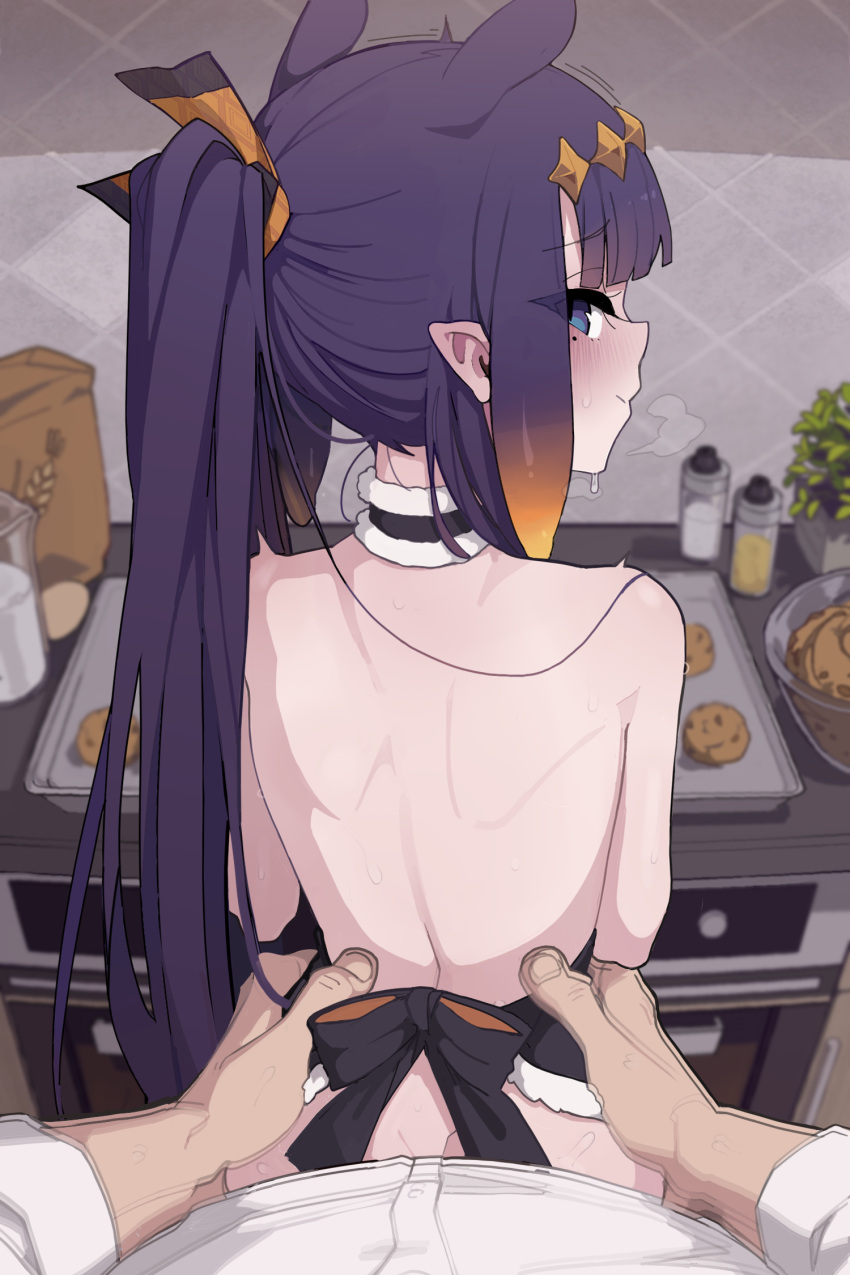 1boy 1girl back bare_back bare_shoulders black_hair blue_eyes choker closed_mouth cookie food gradient_hair hetero highres hololive hololive_english kakure_eria kitchen long_hair looking_at_viewer mole mole_under_eye motion_lines multicolored_hair ninomae_ina'nis orange_hair pointy_ears sex smile solo_focus sweat tentacle_hair torso_grab virtual_youtuber