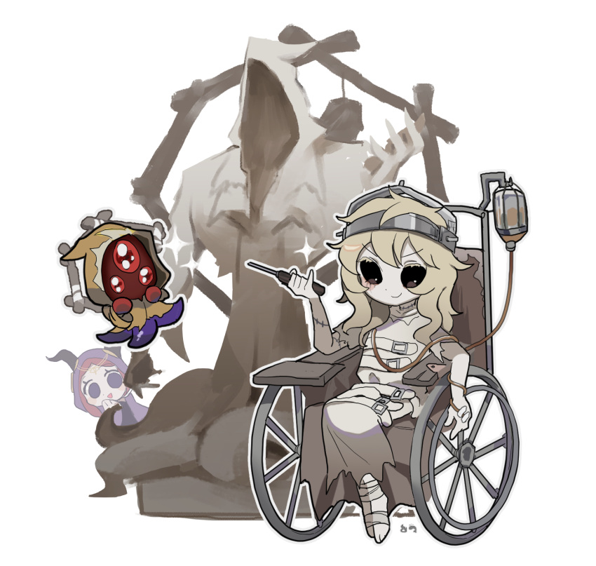 1boy 2girls :d bandaged_foot bandages belt black_eyes blush_stickers chibi chirko_0326 chisel dress fake_horns fiona_gilman galatea_(identity_v) hastur_(identity_v) highres hood hood_up horns identity_v intravenous_drip long_hair multiple_girls red_hair scar scar_on_neck simple_background sitting smile sparkle statue straitjacket tentacles torn_clothes torn_sleeves wheelchair white_background