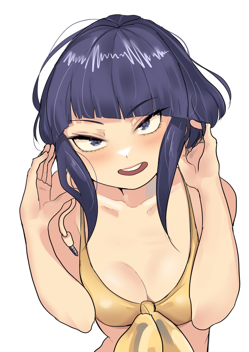 1girl absurdres audio_jack blue_eyes blue_hair blush boku_no_hero_academia breasts cleavage cowboy_shot hand_in_own_hair highres jirou_kyouka long_earlobes looking_at_viewer round_teeth sidelocks solo swimsuit teeth white_background yellow_swimsuit zd_(pixiv6210083)