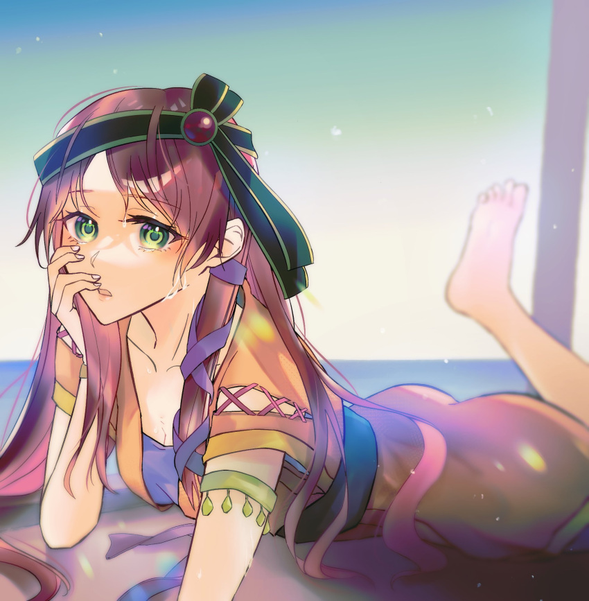 1girl armlet ass barefoot blurry blurry_background bracelet breasts brown_hair chrono_cross cleavage dress feet_up foot_out_of_frame green_eyes green_hairband hair_ribbon hairband hand_to_own_face highres jewelry leena_(chrono_cross) long_hair looking_at_viewer lying medium_breasts on_stomach orange_tunic parted_lips purple_dress purple_ribbon ribbon sidelocks solo wet wet_clothes wet_hair zato_(chro1118)