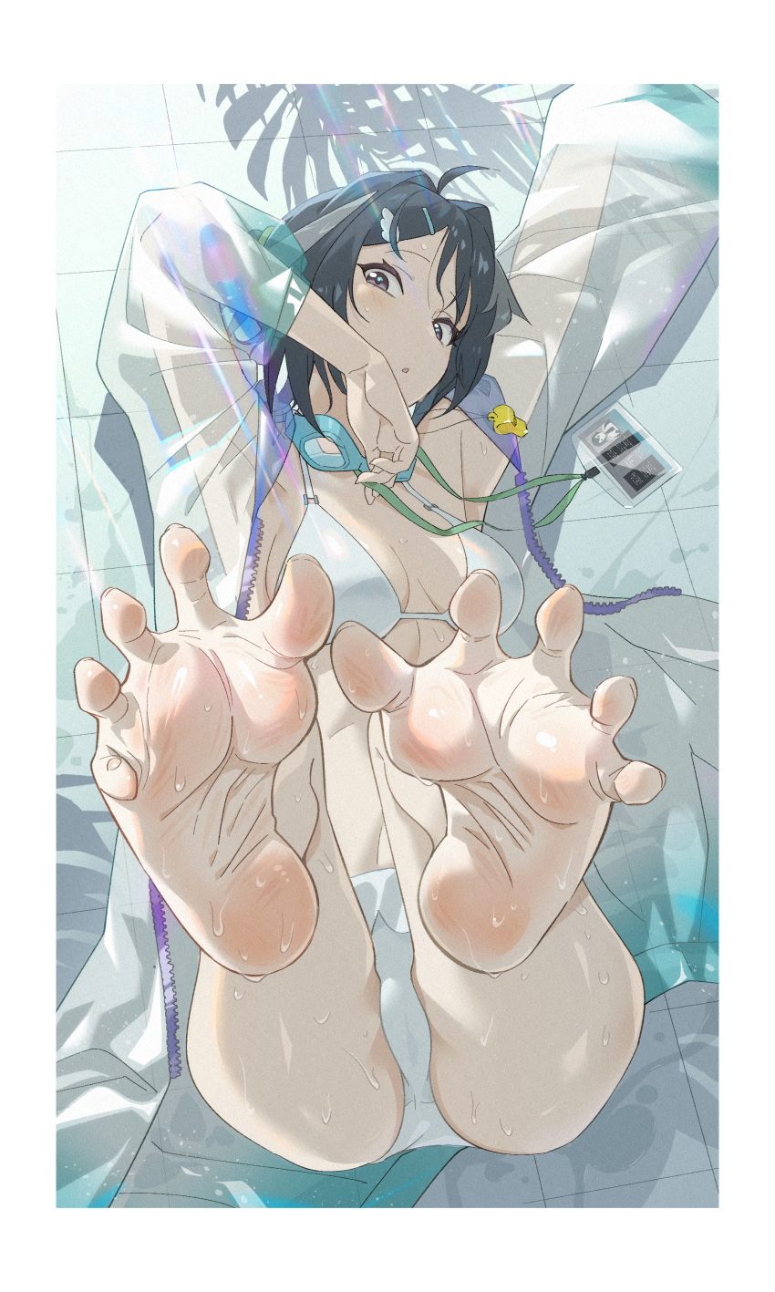 1girl absurdres arknights armpits ass barefoot bikini black_eyes black_hair breasts feet goggles goggles_around_neck hair_ornament hao_guangze_yu highres la_pluma_(arknights) looking_at_viewer lying name_tag on_back parted_lips see-through solo swimsuit wet white_bikini