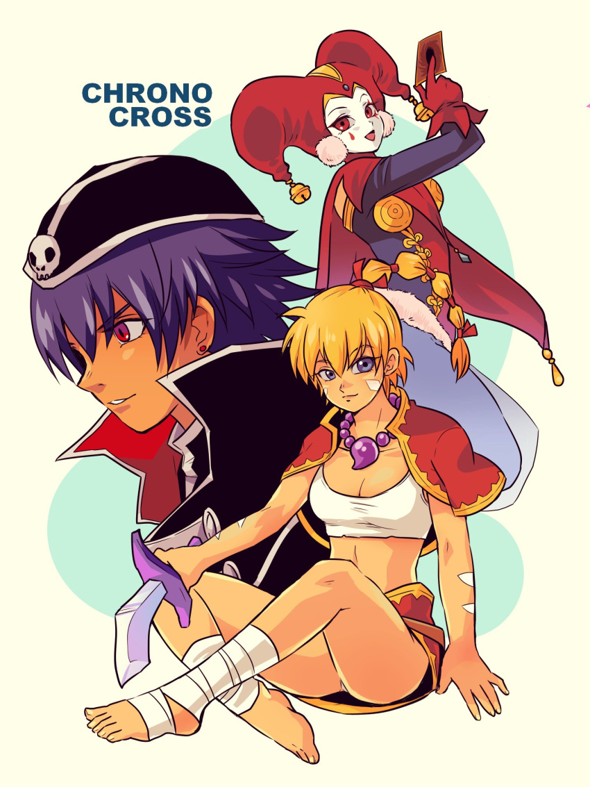 1boy 2girls 8warebw ass bandaged_ankle barefoot bead_necklace beads bell black_headwear blonde_hair blue_eyes blue_hair body_markings breasts cape card chrono_cross cleavage crop_top cropped_jacket crossed_ankles dagger dark_serge_(chrono_cross) earrings facepaint facial_mark full_body gloves hair_between_eyes hair_ribbon hand_up harle_(chrono_cross) harlequin hat high_collar highres holding holding_card holding_dagger holding_weapon jacket jacket_on_shoulders jester jester_cap jewelry kid_(chrono_cross) knife long_hair long_sleeves medium_breasts metal_bra midriff miniskirt multi-tied_hair multiple_girls necklace no_shoes open_mouth pom_pom_(clothes) pom_pom_earrings ponytail red_cape red_eyes red_gloves red_headwear red_jacket red_ribbon red_skirt ribbon see-through see-through_legwear shirt short_hair short_sleeves sitting skirt skull smile teardrop_facial_mark thighs upper_body weapon white_shirt yellow_background