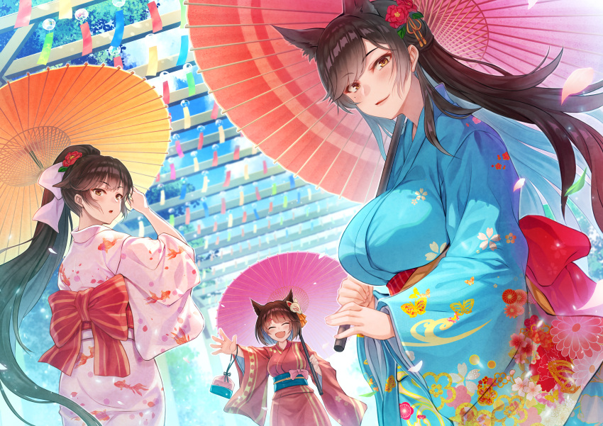 3girls absurdres alternate_costume animal_ears animal_print atago_(azur_lane) azur_lane back_bow blue_kimono blue_sash blue_sky bow breasts brown_hair closed_eyes cloud cloudy_sky day dutch_angle floral_print flower from_below hair_bow hair_flower hair_ornament highres himamo holding holding_umbrella huge_breasts japanese_clothes kimono large_breasts long_hair long_sleeves looking_back looking_to_the_side multiple_girls oil-paper_umbrella open_mouth outdoors outstretched_arm pink_kimono print_kimono purple_umbrella red_flower red_sash red_umbrella sagging_breasts sash short_hair sky takao_(azur_lane) tree umbrella very_long_hair white_bow wide_sleeves yamashiro_(azur_lane) yellow_eyes yellow_umbrella yukata