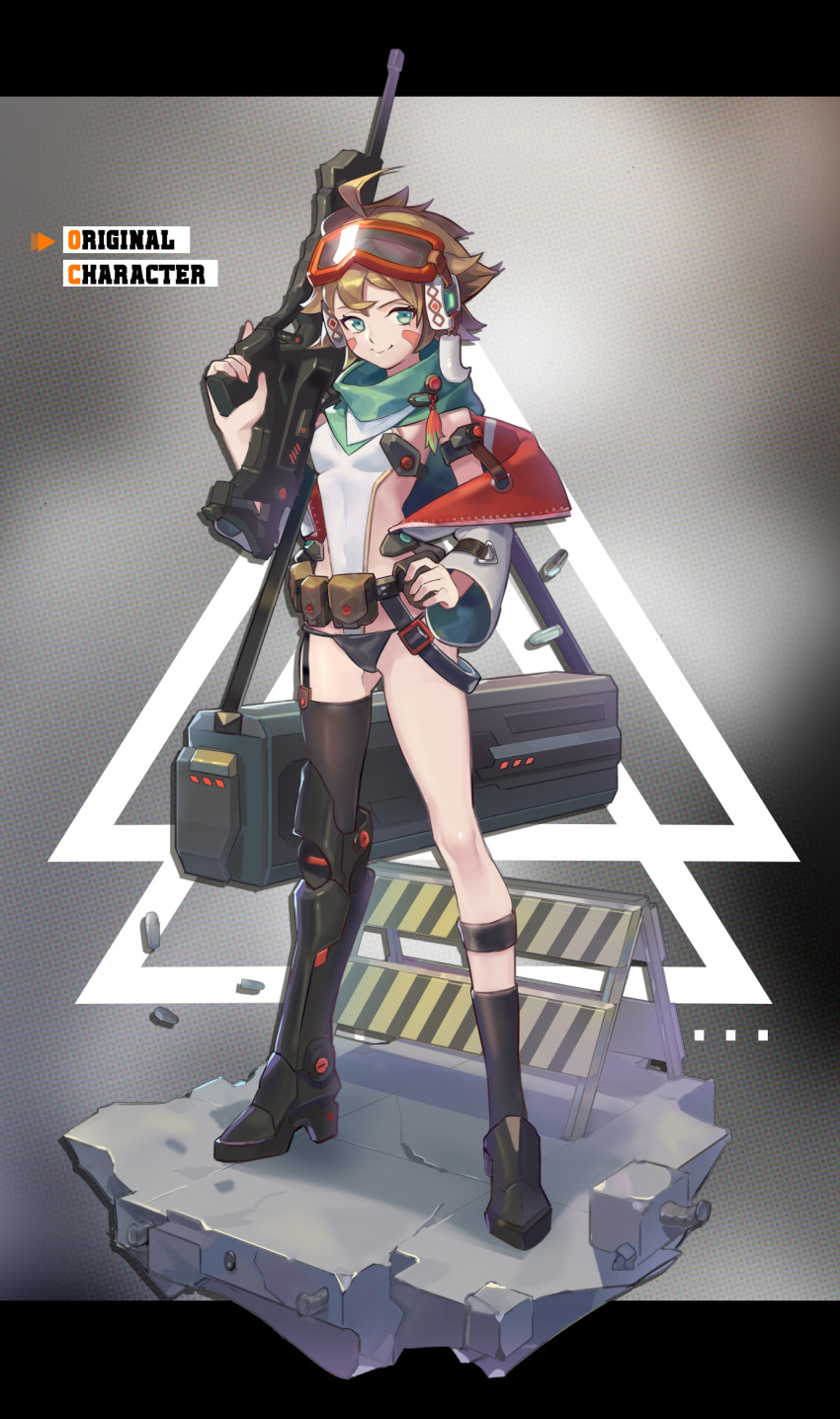 1girl ahoge ass_visible_through_thighs belt belt_pouch black_socks black_thighhighs brown_hair charm_(object) closed_mouth covered_navel crack cracked_floor english_text facial_mark feathers goggles goggles_on_head green_eyes hand_on_hip highres holding holding_weapon leotard orange_goggles original pouch short_hair sign single_sock single_thighhigh smile socks solo thelian thighhighs warning_sign weapon white_leotard zipper