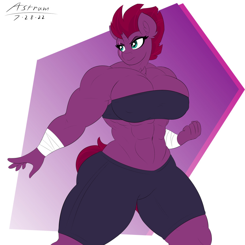 2022 5_fingers abs absurd_res anthro anthrofied astrum_(artist) bottomwear bra breasts broken_horn chest_tuft clothing digital_media_(artwork) equid equine eyelashes female fingers friendship_is_magic fur hair hasbro hi_res horn humanoid_hands inner_ear_fluff mammal muscular muscular_anthro muscular_female my_little_pony my_little_pony:_the_movie_(2017) navel pink_hair pink_tail purple_body purple_fur shorts solo sports_bra standing tempest_shadow_(mlp) thick_thighs tuft underwear unicorn wraps