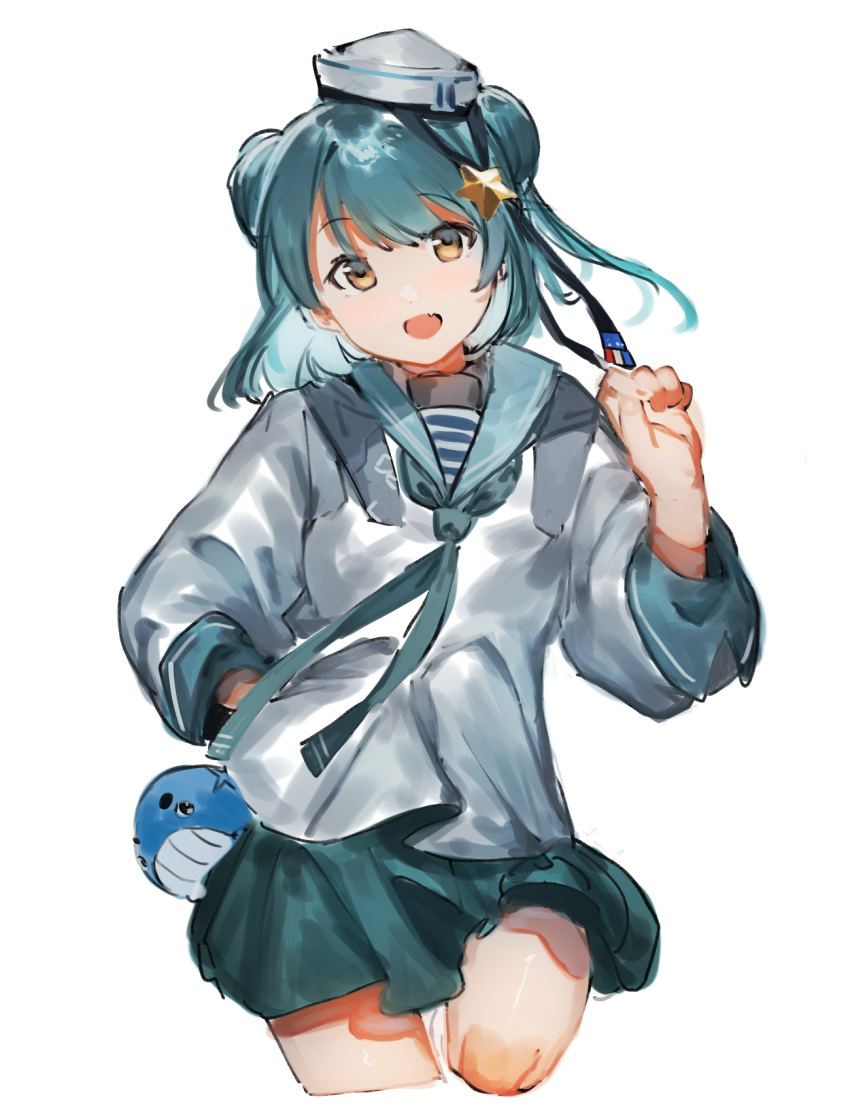 1girl 1other aqua_sailor_collar aqua_skirt blue_hair cropped_legs dixie_cup_hat double_bun hair_bun hat highres kantai_collection little_blue_whale_(kancolle) long_sleeves military_hat open_mouth pleated_skirt sailor_collar samuel_b._roberts_(kancolle) samuel_b._roberts_mk_ii_(kancolle) school_uniform serafuku shishamo_(domado) short_hair simple_background skirt smile white_background white_headwear yellow_eyes