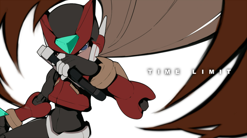 1boy android blonde_hair blue_eyes blurry blurry_background blurry_foreground blush bodysuit covering_one_eye energy_sword english_text gloves gun helmet highres holding holding_gun holding_weapon long_hair looking_at_viewer male_focus mega_man_(series) mega_man_zero ponytail seto_(asils) simple_background solo sword weapon white_gloves zero_(mega_man)