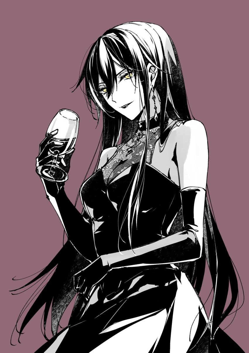 1girl alcohol bangs bare_shoulders breasts brown_background copyright_request cup dress drinking_glass elbow_gloves gloves hair_between_eyes highres holding holding_cup long_hair looking_at_viewer medium_breasts mochizuki_shiina parted_lips simple_background sleeveless sleeveless_dress solo very_long_hair wine wine_glass yellow_eyes