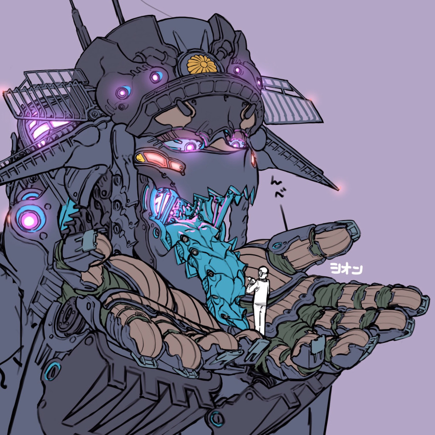 1girl 1other blue_tongue colored_tongue flat_color giant giantess glowing glowing_eyes glowing_mouth hands_up highres humanoid_robot in_palm industrial insignia long_tongue looking_at_another mecha open_mouth original purple_background purple_eyes robot sharp_teeth shion_humine simple_background size_difference solo_focus teeth tongue tongue_out upper_body