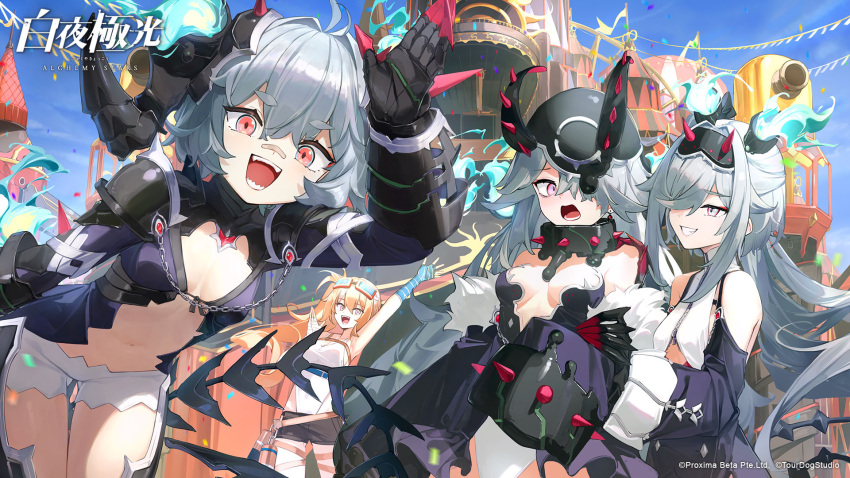 4girls alchemy_stars antenna_hair arm_up armor ass_visible_through_thighs bandaid bandaid_on_face bandaid_on_nose bangs black_gloves breasts breasts_apart collar company_name confetti copyright copyright_name detached_sleeves dress fake_horns fingerless_gloves fire frimet_(alchemy_stars) gloves goggles goggles_on_head grey_hair grin hair_intakes hair_over_one_eye helmet highres horned_helmet horns leaning_forward long_hair looking_at_another looking_at_viewer medium_breasts merylt_(alchemy_stars) multiple_girls navel official_art open_mouth outdoors pink_eyes purple_dress purple_eyes rainbow_(alchemy_stars) revealing_clothes sharp_teeth shirt short_dress short_hair short_shorts shorts shoulder_armor side_ponytail sleeveless sleeveless_shirt sleeves_past_fingers sleeves_past_wrists small_breasts smile spiked_collar spikes standing strapless strapless_dress string_of_flags subli_(alchemy_stars) tail teeth thick_thighs thighs vambraces waving white_shirt white_shorts