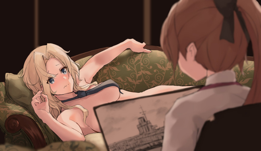 2girls akigumo_(kancolle) black_necktie blonde_hair blurry breasts brown_eyes convenient_censoring couch depth_of_field from_behind grey_eyes highres historical_event hornet_(kancolle) k_jie kantai_collection large_breasts long_hair lying multiple_girls necktie nude on_side parody ponytail scene_reference ship solo_focus titanic_(movie) topless watercraft