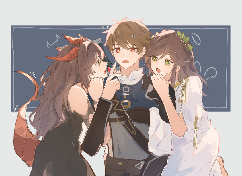 1boy 2girls :o armor bangs bare_shoulders black_dress blue_background brown_eyes brown_hair dragon_girl dragon_horns dragon_tail dress dual_persona green_hair grey_background halo highres horns knight long_hair luke_pearce_(tears_of_themis) multiple_girls open_mouth robe rosa_(tears_of_themis) short_hair sleeveless sleeveless_dress tail tartarduck tears_of_themis white_robe