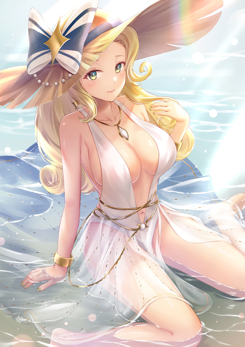 1girl afk_arena arm_support bare_arms bare_shoulders beads belinda_(unlight) blonde_hair blush bow bracelet breasts center_opening closed_mouth curly_hair day earrings green_eyes hand_up hat hat_bow highres jewelry large_breasts long_hair looking_at_viewer mole mole_under_eye nail_polish necklace outdoors ringlets sebu_illust see-through see-through_skirt shallow_water sideboob sidelocks sitting sitting_on_water skirt smile sun_hat swimsuit thighs wariza water white_swimsuit yellow_headwear