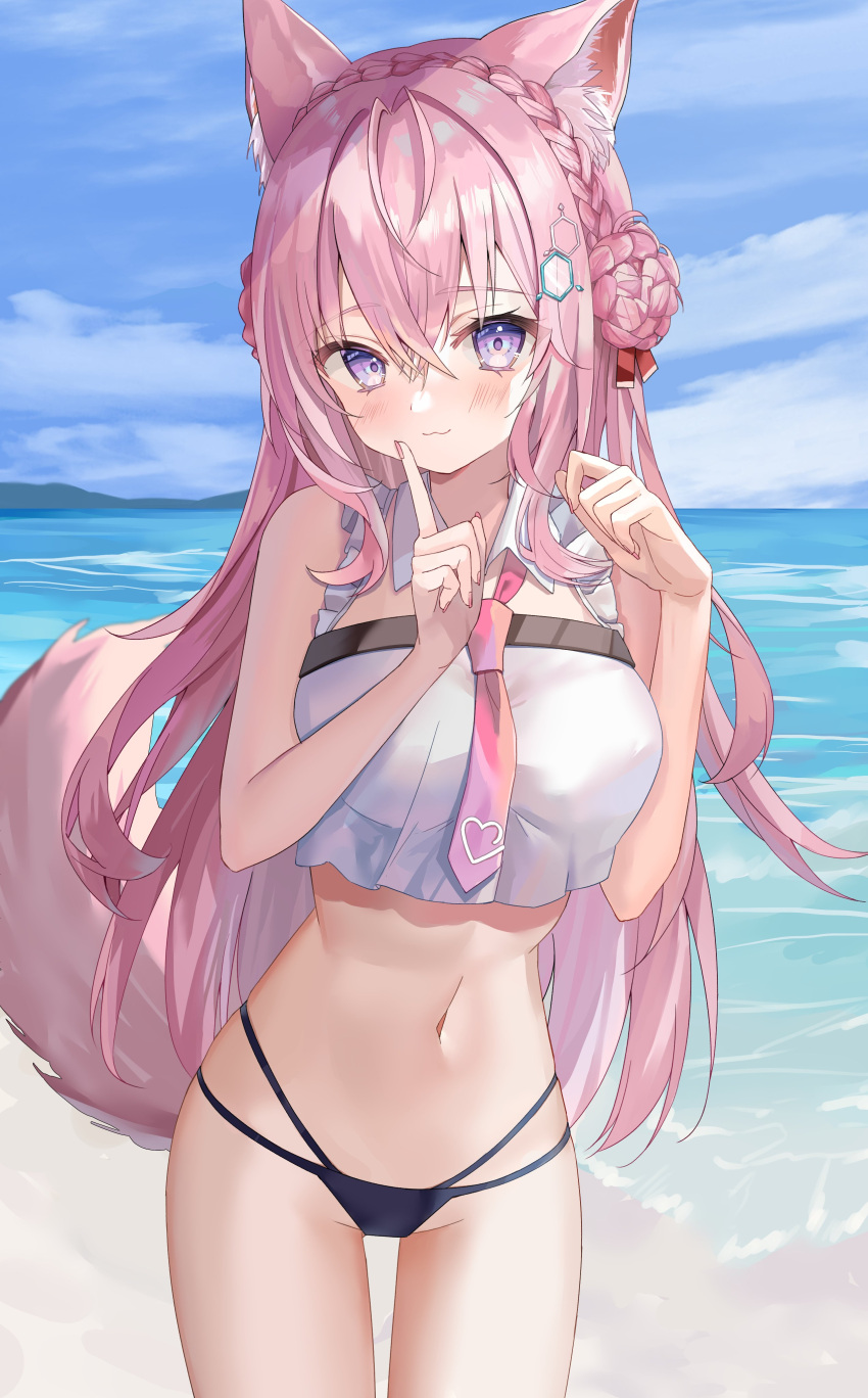 1girl :3 absurdres bare_arms bare_shoulders bikini black_bikini braid breasts closed_mouth coyote_ears coyote_girl coyote_tail crop_top detached_collar double_bun finger_to_mouth frilled_shirt frills hair_bun hair_ornament hairclip hakui_koyori hands_up highres hololive large_breasts long_hair looking_at_viewer multi-strapped_bikini navel necktie no_pants pink_hair purple_eyes shirt shushing sinobi_illust sleeveless sleeveless_shirt smile solo stomach string_bikini swimsuit thighs very_long_hair virtual_youtuber white_shirt