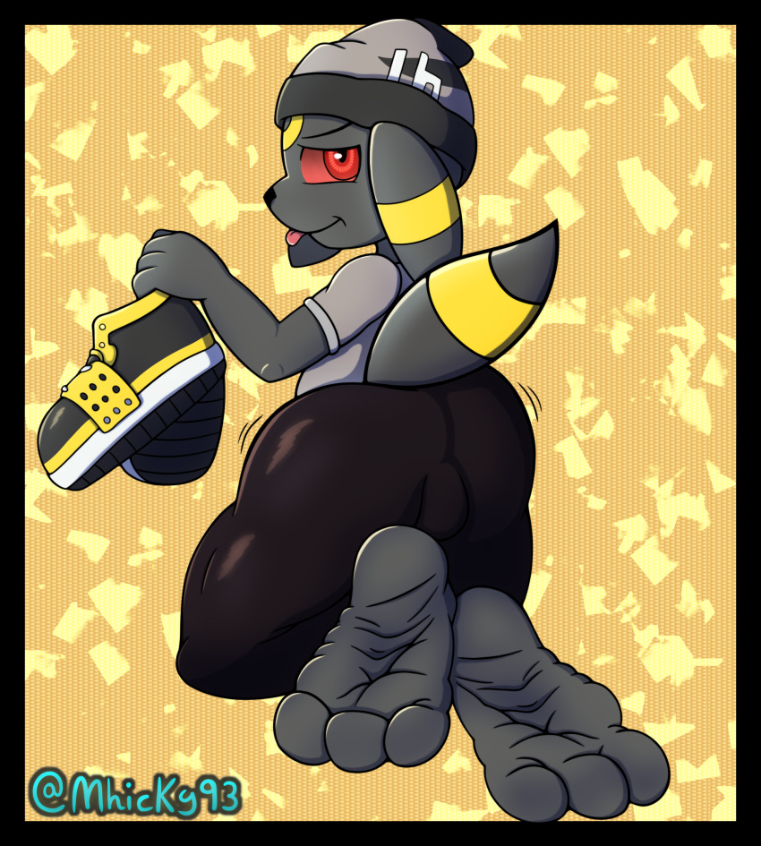 3_toes anthro beanie big_butt big_feet butt clothing eeveelution feet foot_fetish foot_focus footwear hat headgear headwear hi_res jack_(jasperisnotcool) kneeling looking_at_viewer male mhicky93 nintendo paws pok&eacute;mon pok&eacute;mon_(species) shaking_butt shoes simple_background soles solo taunting teasing thick_thighs toe_scrunch toes tongue tongue_out umbreon video_games wrinkled_soles