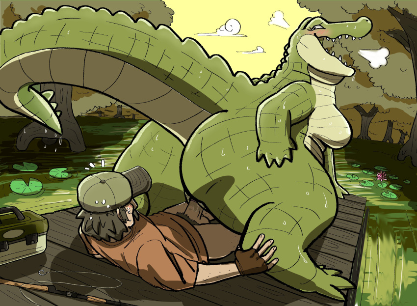 5_fingers 5_toes alligator alligatorid anthro barefoot big_breasts big_butt blush boobindore bottomless bottomwear breasts breath butt clothed clothing crocodilian digital_media_(artwork) dock duo erection feet female female_penetrated feral fingerless_gloves fingers fishing_rod genitals gloves green_body green_scales green_skin hair half-closed_eyes handwear hat headgear headwear hi_res huge_butt human human_on_anthro humanoid_genitalia humanoid_penis interspecies larger_female looking_back lying male male/female male_on_feral male_penetrating male_penetrating_female mammal narrowed_eyes nude on_back open_mouth outside pants penetration penile penis plant pubes pussy reptile scales scalie sex sharp_teeth shirt size_difference sky smaller_male smile swamp teeth toes topwear tree water wet