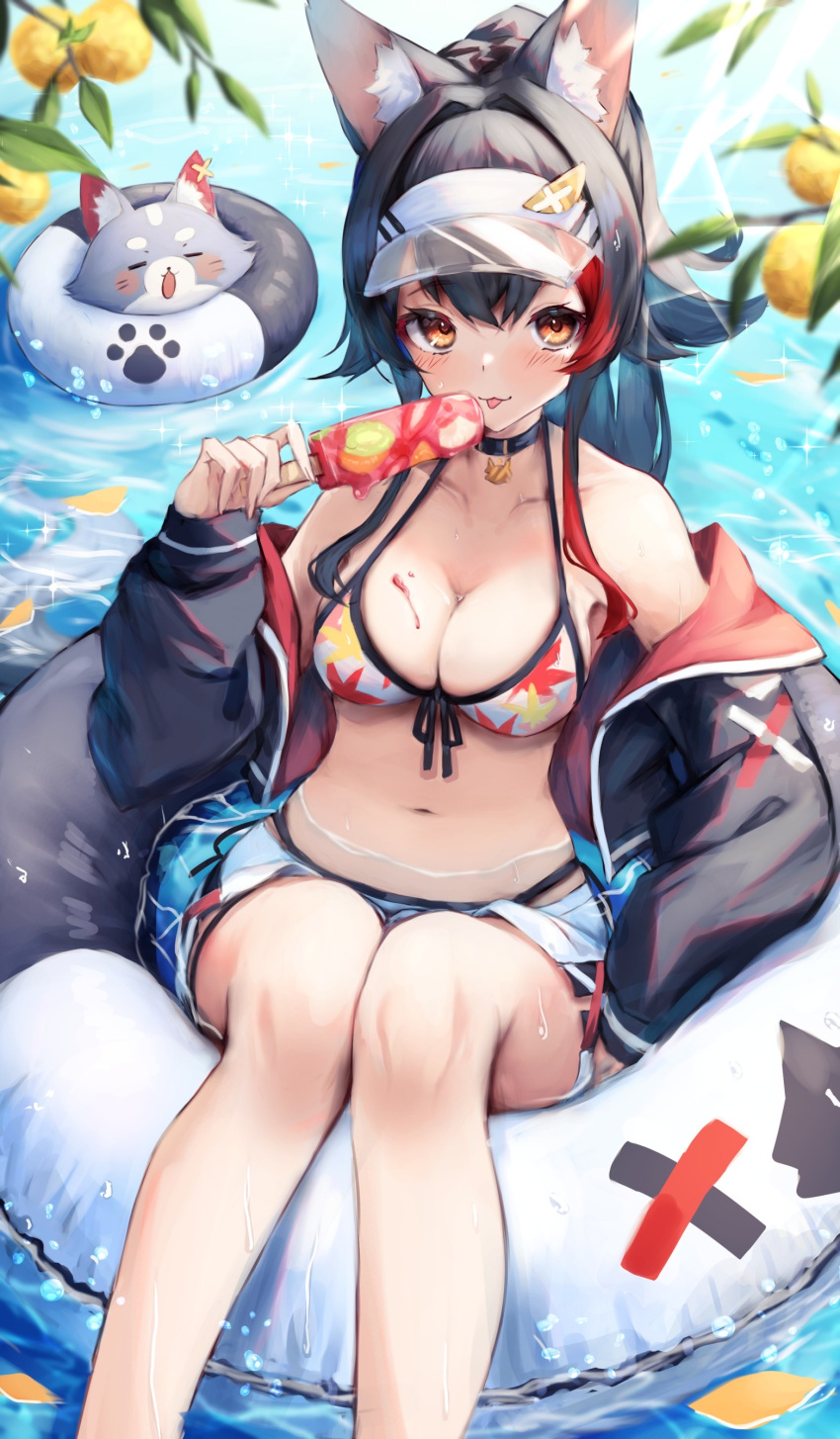 1girl absurdres animal_ear_fluff animal_ears bikini black_choker black_hair black_jacket blush breasts cat choker cleavage dolphin_shorts feet_out_of_frame food hair_ornament highres hololive innertube inre_kemomimi jacket large_breasts leaf_print long_hair looking_at_viewer maple_leaf_print multicolored_hair navel off_shoulder ookami_mio orange_eyes paw_print pendant_choker ponytail popsicle red_hair shorts sitting streaked_hair swimsuit taiga_(ookami_mio) tongue tongue_out visor_cap water wet wolf_ears wolf_girl