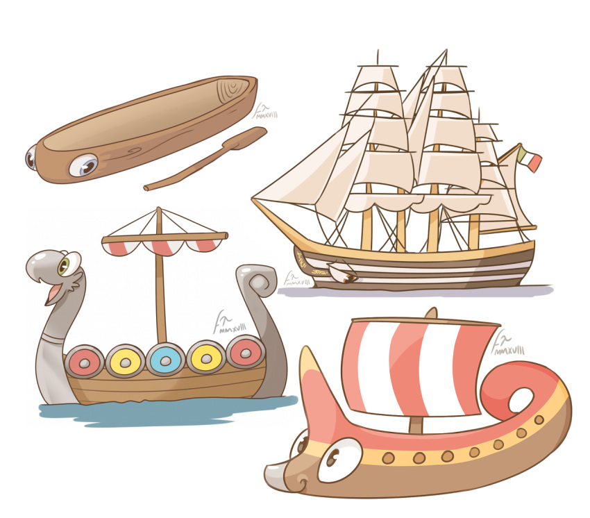 2018 ambiguous_gender animate_inanimate blue_eyes boat brown_body brown_eyes glistening glistening_eyes green_eyes grey_body imperatorcaesar multiple_images narrowed_eyes not_furry open_mouth open_smile paddle partially_submerged pink_tongue red_body sail shield ship side_view signature simple_background simple_eyes smile solo striped_body stripes three-quarter_view tongue vehicle water watercraft white_body