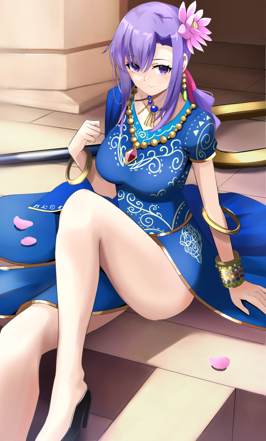 1girl absurdres arm_up bangs bare_legs black_footwear blue_dress bracelet bracer closed_mouth commentary commission dress earrings fate/grand_order fate_(series) feet_out_of_frame flower hair_flower hair_ornament hand_on_floor high_heels highres jewelry legs light_blush long_hair looking_at_viewer manjirou_(manji_illust) matou_sakura necklace on_floor parvati_(fate) pixiv_request purple_eyes purple_hair sidelocks smile solo thighs