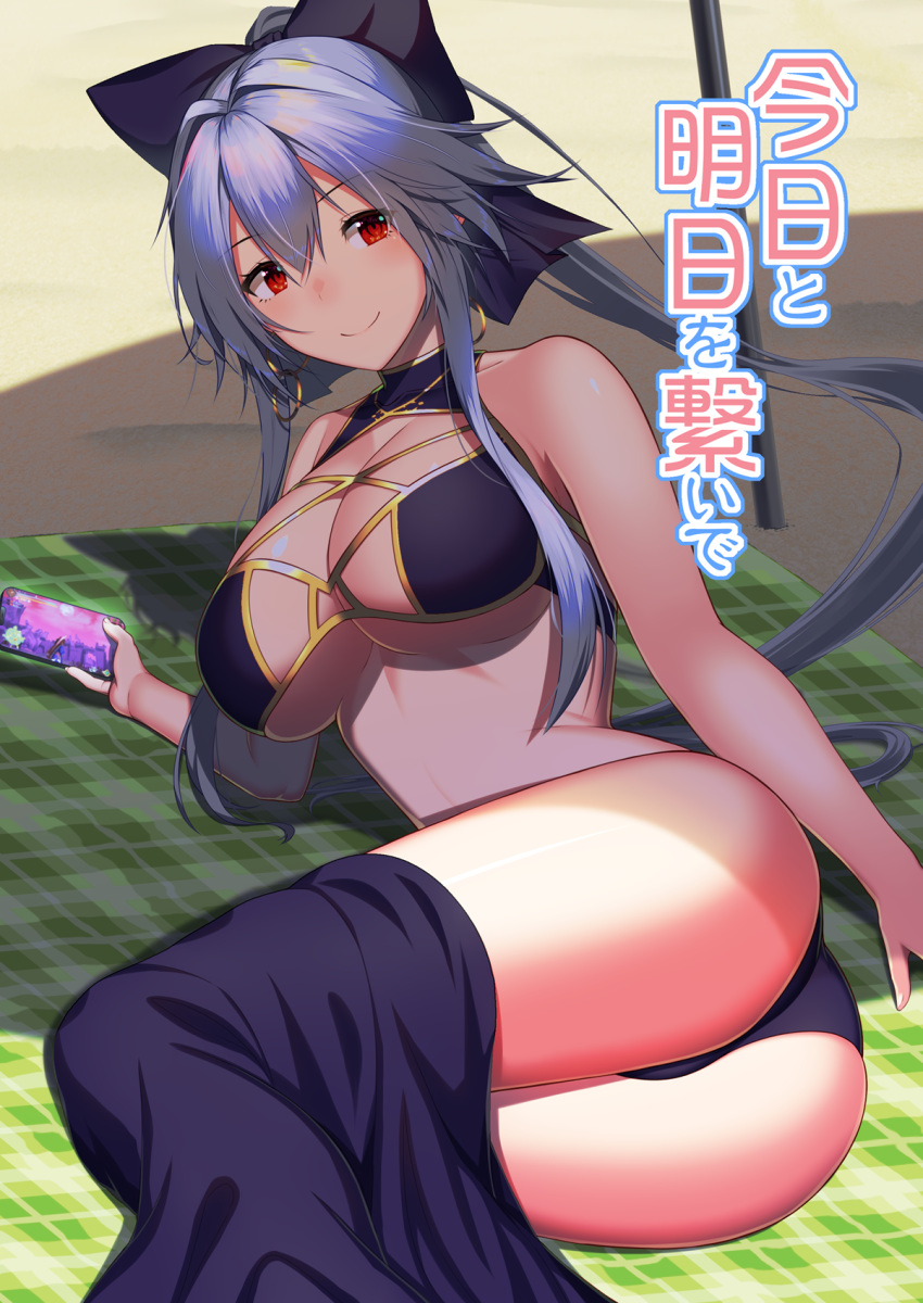 1girl ass bangs bare_shoulders beach beach_mat beach_umbrella bikini black_horns blue_bikini blush breasts cleavage collarbone earrings fate/grand_order fate_(series) hair_between_eyes highres hoop_earrings horns jewelry kuroshiro_(ms-2420) large_breasts long_hair looking_at_viewer navel oni_horns ponytail red_eyes sarong smile solo swimsuit thighs tomoe_gozen_(fate) tomoe_gozen_(swimsuit_saber)_(fate) umbrella white_hair