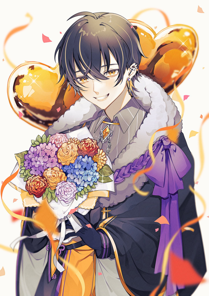 1boy ahoge balloon bangs black_coat black_gloves black_hair blue_flower blurry blush bouquet brooch coat collared_shirt commentary_request confetti crossed_bangs depth_of_field ear_piercing earrings flower fur-trimmed_coat fur_trim gem gloves grey_shirt grin hair_between_eyes hands_up heart_balloon highres holding holding_bouquet indie_virtual_youtuber jewelry kagura_(vtuber) leaf looking_at_viewer male_focus multicolored_hair norisukexxy orange_coat orange_eyes orange_flower orange_hair partial_commentary piercing pink_flower pinstripe_pattern pinstripe_shirt purple_flower purple_ribbon red_flower ribbon rope shirt short_hair single_earring smile solo streaked_hair streamers striped striped_shirt teeth two-tone_coat upper_body vertical-striped_shirt vertical_stripes virtual_youtuber white_background wing_collar