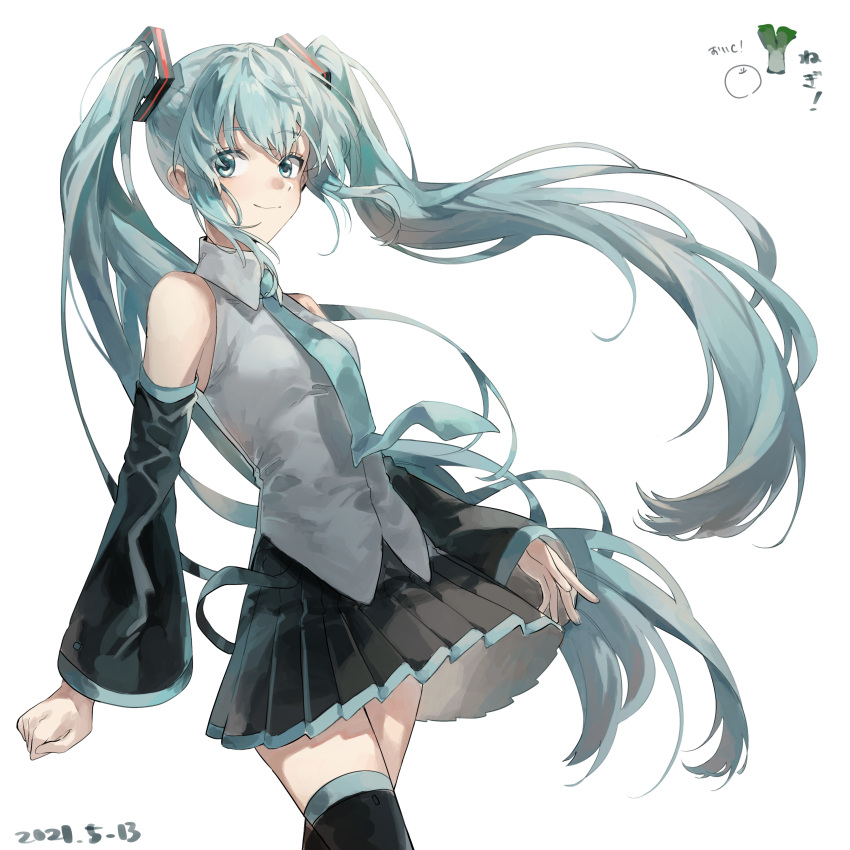 1girl absurdres arms_at_sides bare_shoulders black_skirt black_sleeves black_thighhighs blue_eyes blue_hair blue_necktie breasts clenched_hand closed_mouth collared_shirt coppepan cowboy_shot detached_sleeves eyelashes eyes_visible_through_hair floating_hair grey_shirt hatsune_miku highres long_hair looking_at_viewer necktie pleated_skirt shirt sidelocks simple_background skirt sleeveless sleeveless_shirt small_breasts smile solo thighhighs tsurime twintails very_long_hair vocaloid white_background wide_sleeves zettai_ryouiki