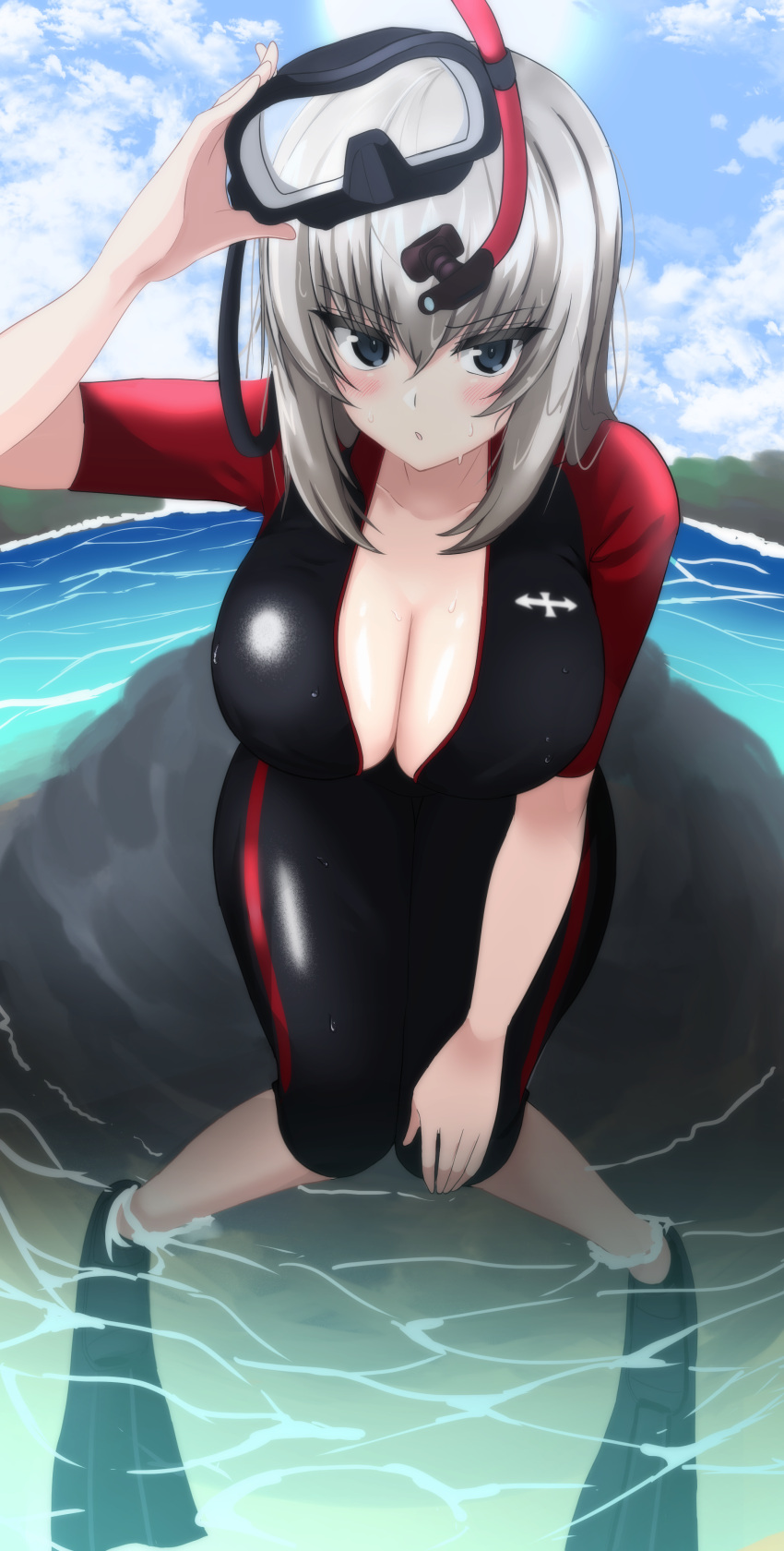 1girl :o absurdres aikir_(jml5160) beach black_eyes blue_sky blush bodysuit breasts chestnut_mouth cleavage cloud diving_mask diving_mask_removed fins girls_und_panzer goggles grey_hair hair_between_eyes hand_on_own_knee highres holding holding_mask itsumi_erika large_breasts mask open_mouth rock scuba sitting sky snorkel solo water wet wetsuit