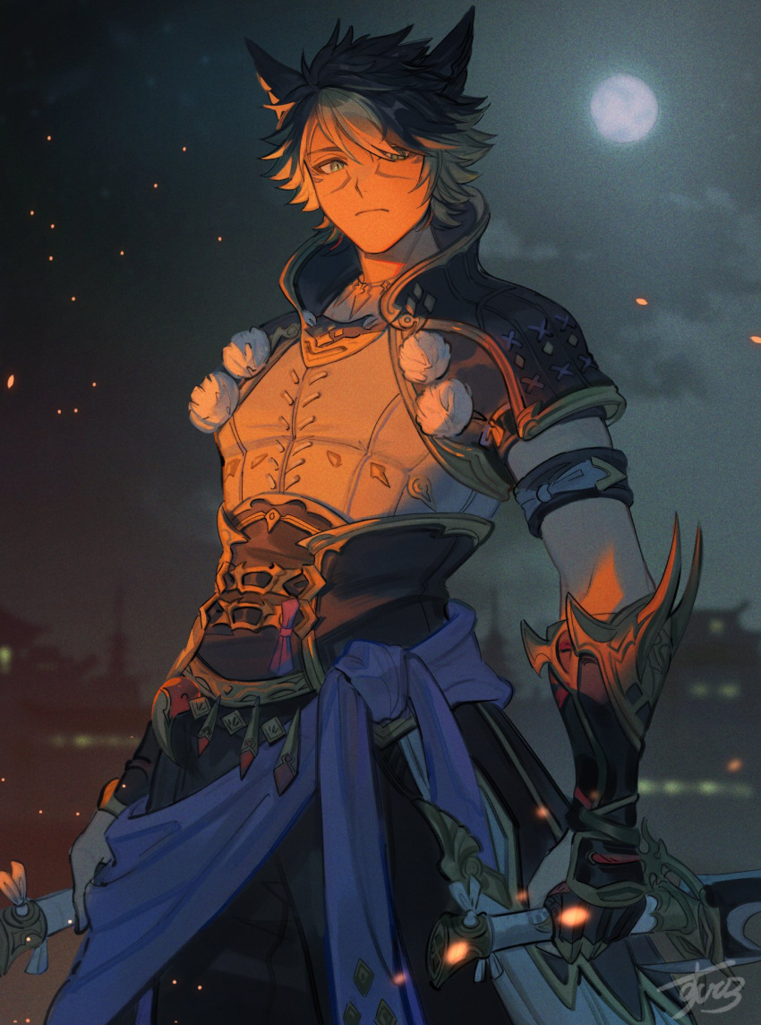 1boy animal_ears armband armor arms_at_sides avatar_(ff14) bangs black_hair black_pants blonde_hair blue_eyes blue_sash breastplate building cat_ears city cloud commentary cowboy_shot dagger dual_wielding embers expressionless facial_mark film_grain final_fantasy final_fantasy_xiv full_moon gauntlets grey_sky hair_over_one_eye highres hirosdesu holding holding_dagger holding_weapon knife looking_at_viewer looking_down male_focus miqo'te moon multicolored_hair night night_sky ninja_(final_fantasy) outdoors pants pauldrons sash short_hair shoulder_armor signature sky slit_pupils solo standing streaked_hair swept_bangs symbol-only_commentary two-tone_hair weapon