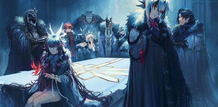 3girls 6+boys arlecchino_(genshin_impact) bangs bow bowtie capitano_(genshin_impact) closed_eyes coat coffin columbina_(genshin_impact) crimson_lotus_moth_(genshin_impact) crossed_arms dottore_(genshin_impact) earrings elf eye_mask facial_hair fur-trimmed_coat fur_trim genshin_impact glasses gloves hair_ornament hat highres jewelry long_hair looking_at_viewer mask multiple_boys multiple_girls mustache pantalone_(genshin_impact) petra-ii pierro_(genshin_impact) pointy_ears pulcinella_(genshin_impact) red_scarf ribbon sandrone_(genshin_impact) scarf sitting smile symbol-shaped_pupils table tartaglia_(genshin_impact) thighhighs top_hat very_long_hair white_coat white_ribbon