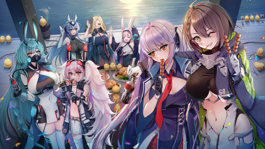 6+girls azur_lane baltimore_(azur_lane) bangs bare_shoulders blush boise_(azur_lane) breasts bunker_hill_(azur_lane) chitose_mame cleavage commentary_request cowboy_shot essex_(azur_lane) groin hair_between_eyes highres laffey_(azur_lane) looking_at_viewer looking_away manjuu_(azur_lane) midriff multiple_girls navel new_jersey_(azur_lane) outdoors shadow shimakaze_(azur_lane) sidelocks smile standing sunset underboob