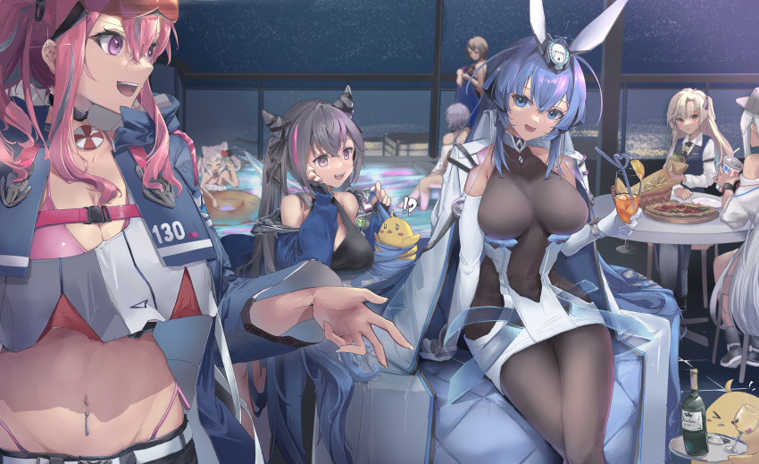 !? &gt;_&lt; 6+girls :d absurdres animal_ears arm_support azur_lane badge baltimore_(azur_lane) baltimore_(evening_breeze_minuet)_(azur_lane) bangs bare_shoulders baseball_cap belt bikini bikini_skirt bikini_under_clothes black_choker black_dress black_necktie black_pantyhose black_shorts blonde_hair blue_cape blue_eyes blue_hair blue_jacket blue_vest bodystocking bottle breast_rest breasts bremerton_(azur_lane) brown_hair button_badge cape cat_ears character_request chest_strap choker cleavage cleveland_(azur_lane) cleveland_(gentry_knight)_(azur_lane) closed_mouth coat coat_on_shoulders collarbone collared_shirt commentary cowboy_shot crop_top crop_top_overhang crossed_bangs cup dress dress_shirt drinking_straw elbow_gloves enterprise_(anniversary_ride)_(azur_lane) enterprise_(azur_lane) evening_gown eyewear_on_head fingerless_gloves flower frilled_bikini frills gloves grey_belt grey_hair grey_shirt groin hair_between_eyes hair_flower hair_horns hair_intakes hair_ornament hair_ribbon hair_rings hammann_(azur_lane) hammann_(rebellious_summer)_(azur_lane) hat headgear highleg highleg_bikini highres holding holding_cup indoors jacket large_breasts lifebuoy_ornament long_hair long_sleeves looking_at_another looking_at_viewer manjuu_(azur_lane) midriff multicolored_hair multiple_girls navel navel_piercing necktie new_jersey_(azur_lane) night no_mole off-shoulder_shirt off_shoulder official_alternate_costume one_side_up open_clothes open_jacket open_mouth pantyhose parted_bangs piercing pink_bikini pink_eyes pink_hair pool purple_eyes purple_hair red-tinted_eyewear red_bikini red_eyes red_flower ribbon san_francisco_(azur_lane) sapota_clone shirt short_hair shorts shoulder_cape side-tie_bikini sidelocks sitting skyline smile snap-fit_buckle soaking_feet standing streaked_hair striped_cape sunglasses swimsuit table teeth tinted_eyewear twintails two-tone_cape two-tone_hair two-tone_shirt upper_teeth very_long_hair vest white_coat white_dress white_gloves white_hair white_shirt window yellow_innertube