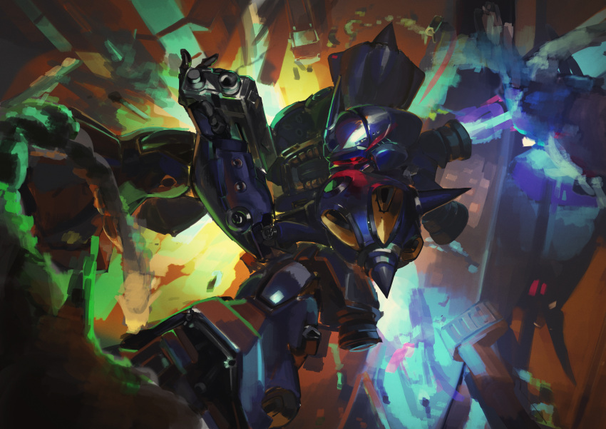 absurdres armor battle blue_armor blue_fire dora_waku2 explosion fire flame glowing glowing_eye gun gundam gundam_0080 highres holding holding_gun holding_weapon kampfer_(mobile_suit) mecha no_humans one-eyed painterly pauldrons red_eyes robot shoulder_armor spiked_pauldrons spikes weapon