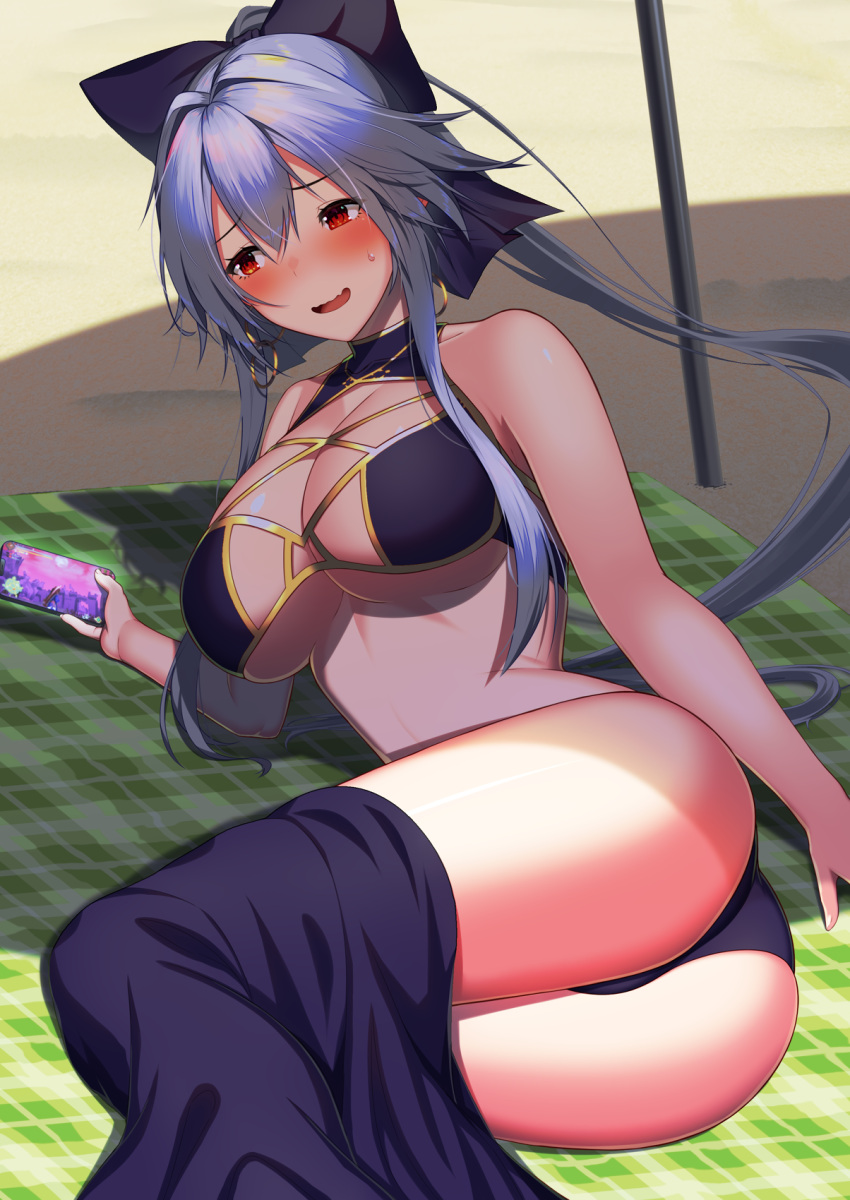 1girl ass bangs bare_shoulders beach beach_mat beach_umbrella bikini black_horns blue_bikini blush breasts cleavage collarbone earrings fate/grand_order fate_(series) hair_between_eyes highres hoop_earrings horns jewelry kuroshiro_(ms-2420) large_breasts long_hair looking_to_the_side navel oni_horns open_mouth ponytail red_eyes sarong smile solo swimsuit thighs tomoe_gozen_(fate) tomoe_gozen_(swimsuit_saber)_(fate) umbrella white_hair