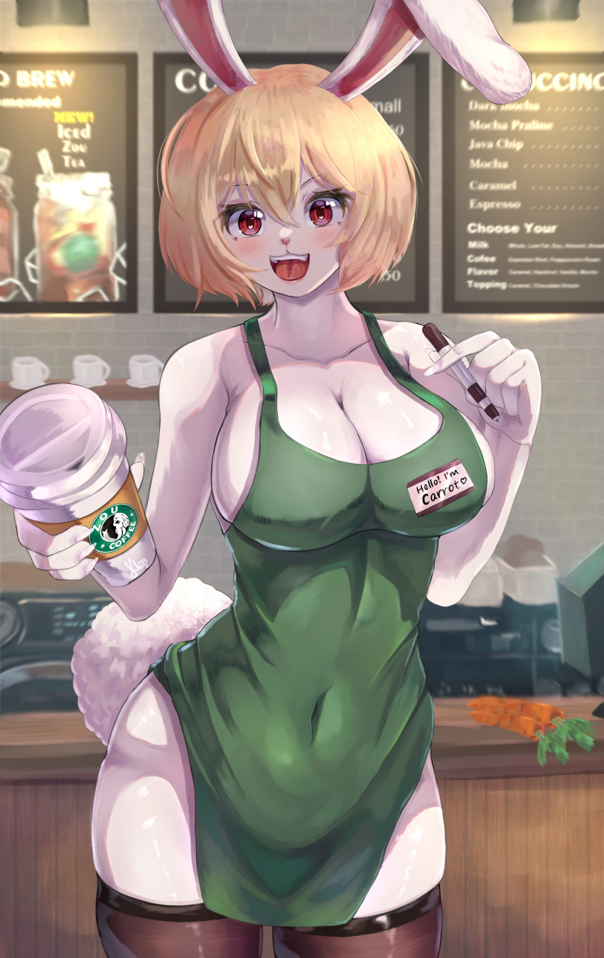 absurd_res anthro apron apron_only blonde_hair breasts butt carrot_(one_piece) clothing female fur hair hi_res klopsiak lagomorph legwear leporid mammal minkmen_(one_piece) mostly_nude name_tag one_piece rabbit solo starbucks stockings white_body white_fur