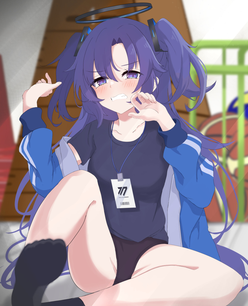 1girl absurdres bangs basketball black_shirt blue_archive blush clenched_teeth cone halo highres id_card jacket koenza_botoke long_hair looking_at_viewer off_shoulder open_clothes open_jacket parted_bangs purple_eyes purple_hair shirt socks solo teeth two_side_up volleyball yuuka_(blue_archive)