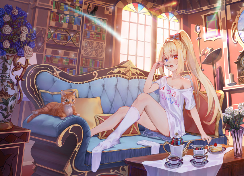 1girl arm_support bangs bare_arms blonde_hair blue_eyes blue_flower blue_rose book bow breasts cafe cake cat couch cup eating flower food hair_bow heterochromia high_ponytail holding holding_spoon indoors lens_flare looking_at_viewer no_panties off-shoulder_shirt off_shoulder open_mouth original pillow red_eyes rose shirt sideboob sidelocks sitting socks solo spoon strawberry_shortcake t-shirt table ten-u too_many too_many_books vase virtual_youtuber white_flower white_rose