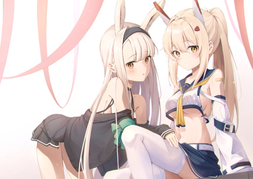 2girls absurdres animal_ears ayanami_(azur_lane) azur_lane belt bent_over black_jacket black_skirt blonde_hair blue_skirt breasts brown_eyes crop_top detached_sleeves hairband hand_on_another's_thigh headgear highres jacket long_hair looking_at_viewer midriff miniskirt multiple_girls navel no_tail off_shoulder pleated_skirt ponytail rabbit_ears rabbit_girl sailor_collar sayu_(mini_2704) shimakaze_(azur_lane) shirt sideboob sitting skirt thighhighs thighs underboob very_long_hair white_hair white_shirt white_sleeves white_thighhighs