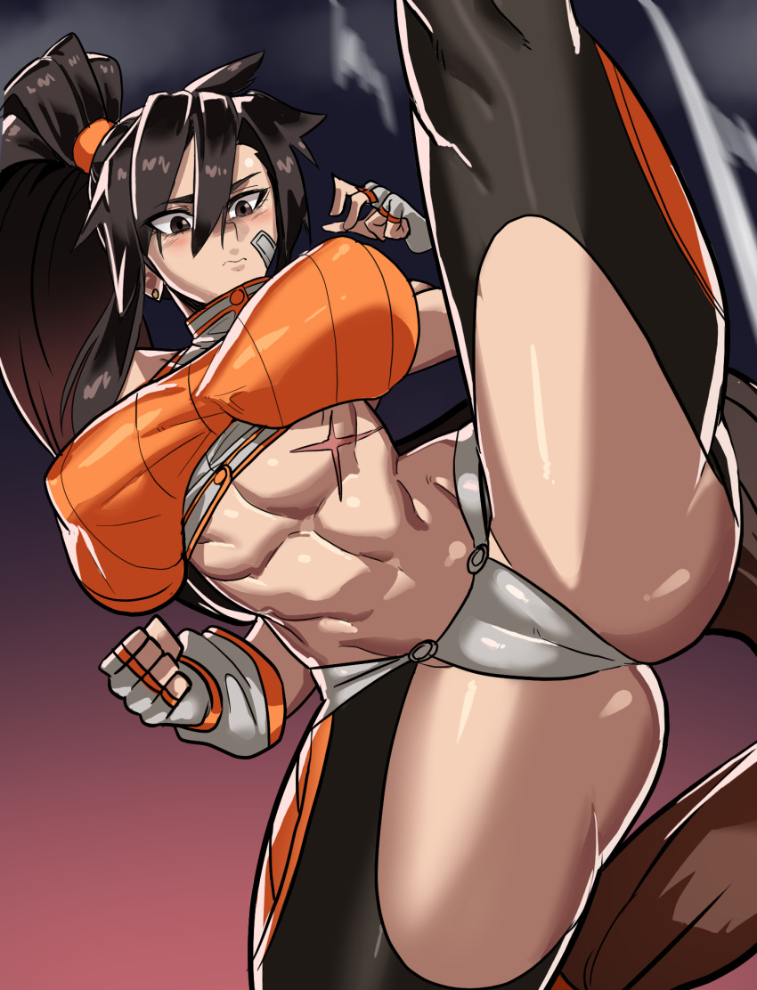 1girl abs ass bandaid bandaid_on_face bangs breasts brown_eyes brown_hair dnf_duel dungeon_and_fighter fighter_(dungeon_and_fighter) fingerless_gloves gloves highres large_breasts leg_up long_hair midriff navel ponytail scar solo sorysam2005 very_long_hair
