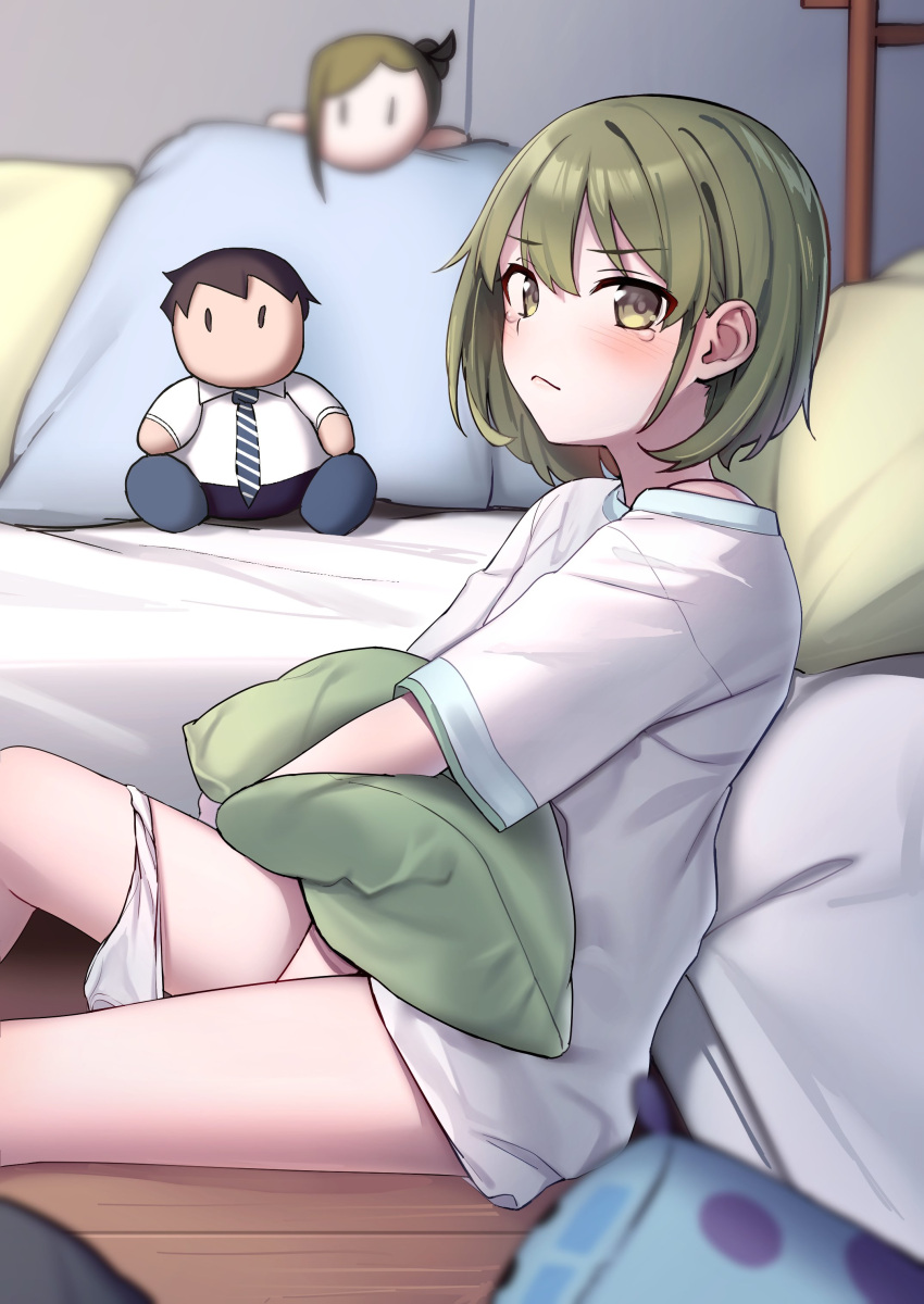 1girl absurdres arm_between_legs blurry blurry_background blurry_foreground blush character_doll depth_of_field frown green_eyes green_hair highres hiroshi_sumi idolmaster idolmaster_shiny_colors implied_masturbation leaning_back looking_at_viewer looking_to_the_side nanakusa_hazuki nanakusa_nichika on_floor panties panties_around_one_leg producer_(idolmaster) short_hair sitting solo tears underwear