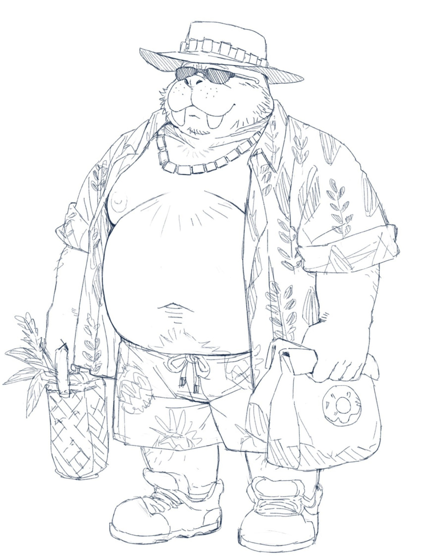 2022 anthro belly big_belly bottomwear clothed clothing eyewear hat headgear headwear hi_res humanoid_hands huynhduyad14 kemono male mammal marine moobs navel nipples open_clothing open_shirt open_topwear overweight overweight_male pinniped shirt shorts solo sunglasses topwear walrus