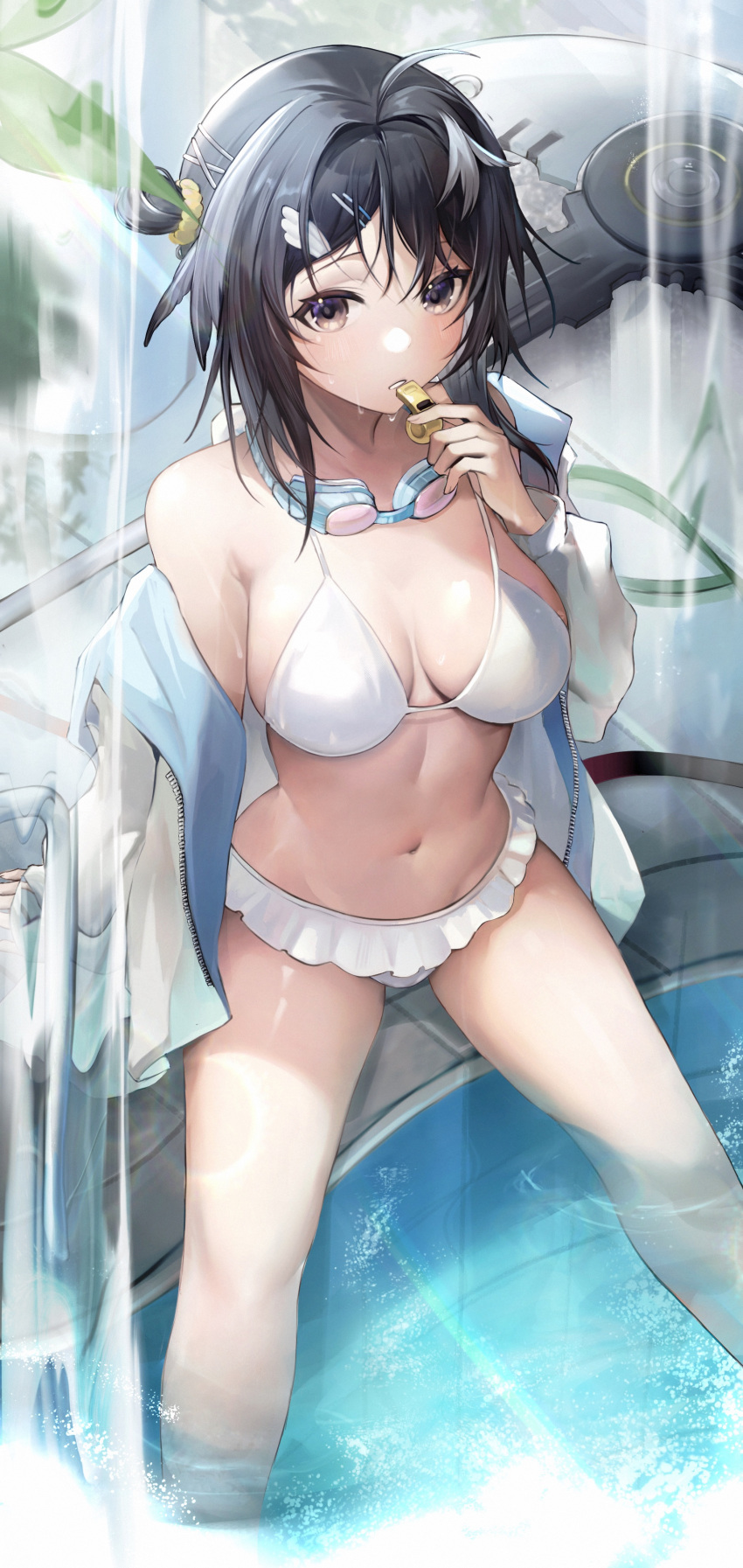 1girl absurdres arknights bikini black_hair blush breasts feather_hair feet_out_of_frame goggles goggles_around_neck hair_ornament highres jacket la_pluma_(summer_flowers)_(arknights) looking_at_viewer medium_breasts navel off_shoulder official_alternate_costume open_clothes open_jacket purple_eyes short_hair soaking_feet solo stomach swimsuit tabayashi water white_bikini white_jacket