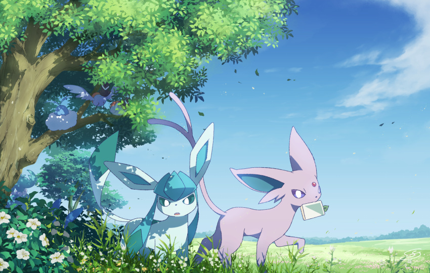 amazing_background ambiguous_gender avian big_ears bird blue_body blue_ears blue_eyes blue_fur blue_inner_ear blue_tail book canid cheek_tuft cloud colored day detailed_background digital_media_(artwork) dipstick_tail duo_focus eeveelution espeon facial_tuft feathers felid feline feral field fletchling flower forehead_gem forked_tail fur glaceon grass group hi_res holding_book holding_object iie_efg kemono landscape leaf long_ears looking_at_viewer mammal markings monotone_body monotone_ears monotone_fur monotone_tail mouth_hold multicolored_body multicolored_fur multicolored_tail nature nintendo no_sclera open_mouth outside pink_body pink_ears pink_fur pink_tail plains plant pok&eacute;mon pok&eacute;mon_(species) portrait pupils purple_eyes quadruped raised_leg shaded sharp_teeth side_view sky standing swablu tail_markings teeth three-quarter_portrait tree tuft two_tone_body two_tone_fur two_tone_tail unusual_anatomy unusual_tail video_games white_body white_feathers white_pupils wings