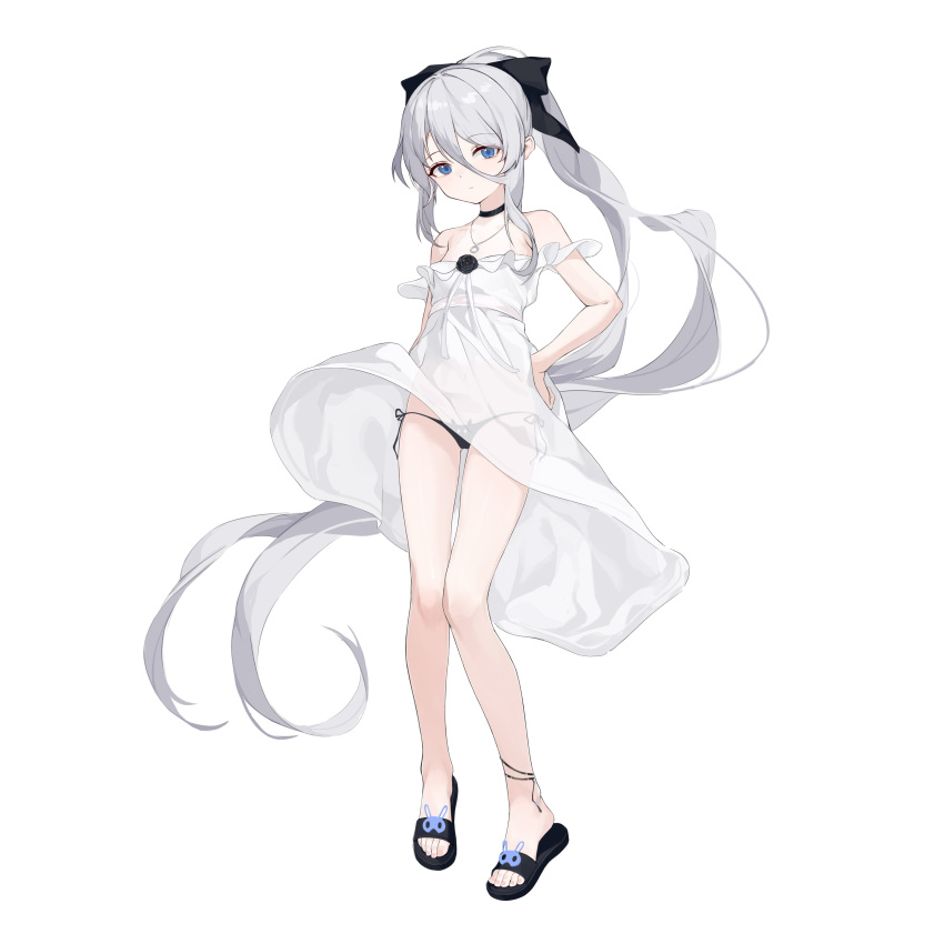 1girl absurdres black_bow black_panties blue_eyes bow breasts choker dress full_body hair_bow hand_on_hip highres jewelry long_hair looking_at_viewer necklace original panties ponytail sandals see-through small_breasts solo underwear very_long_hair white_background white_dress white_hair yume_(454565427)