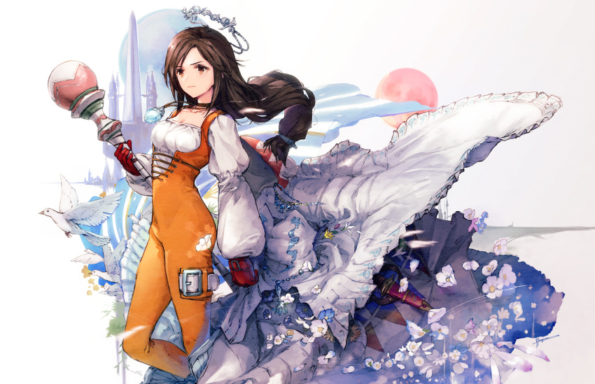 1girl asymmetrical_bangs bangs bird blue_flower bodysuit breasts brown_eyes brown_hair castle choker cleavage dove dress feet_out_of_frame final_fantasy final_fantasy_ix flower garnet_til_alexandros_xvii gloves head_chain holding holding_staff jewelry lace-up_top long_hair long_sleeves looking_to_the_side low-tied_long_hair medium_breasts orange_bodysuit pendant puffy_long_sleeves puffy_sleeves red_gloves shirt solo staff thigh_strap wedding_dress white_dress white_flower white_shirt yasushi_hasegawa yellow_flower