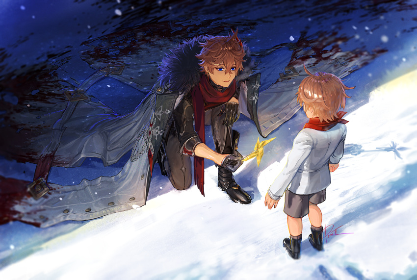 2boys age_difference ahoge black_footwear black_gloves blood blood_on_clothes blood_on_gloves blood_on_snow blood_splatter blue_eyes boots breath brothers brown_hair coat coat_on_shoulders contrast earrings eyeshadow fur-trimmed_coat fur_trim gem genshin_impact giving gloves grey_coat half_gloves highres holding holding_pinwheel jewelry looking_at_another lower_teeth makeup mask mask_on_head mask_removed multiple_boys one_knee open_mouth petra-ii pinwheel red_eyeshadow red_gemstone red_scarf scarf siblings signature single_earring sleeves_past_wrists sleeves_rolled_up snow standing tartaglia_(genshin_impact) teeth teucer_(genshin_impact) tongue torn torn_clothes torn_coat turtleneck twitter_username winter_clothes