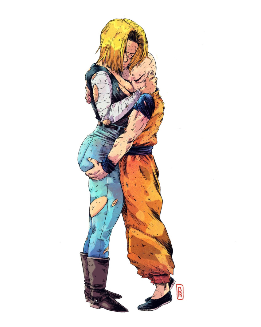 1boy 1girl android_18 ass ass_grab ass_support bald between_breasts black_footwear blonde_hair boots breasts brown_footwear couple cowboy_boots denim dirty dirty_clothes dougi dragon_ball dragon_ball_z english_commentary flats french_commentary head_between_breasts height_difference highres jeans kuririn medium_breasts mixed-language_commentary no_bra pants parted_hair prince_rours tiptoes torn_clothes torn_jeans torn_pants torn_sleeves