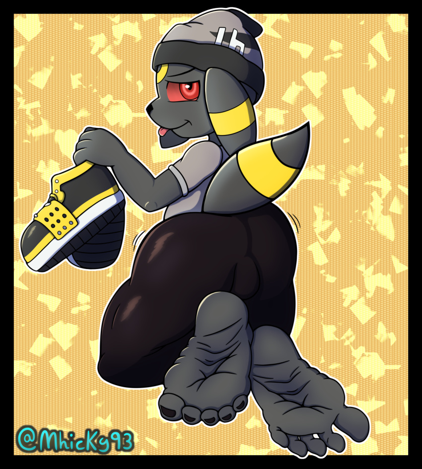 anthro beanie big_butt big_feet border butt clothing colored digital_media_(artwork) eeveelution feet foot_fetish foot_focus footwear hat headgear headwear hi_res humanoid jack_(jasperisnotcool) kneeling looking_at_viewer male mhicky93 nintendo pok&eacute;mon pok&eacute;mon_(species) shaking_butt shoes signature simple_background soles solo suggestive taunting teasing text thick_thighs toe_scrunch toes tongue tongue_out umbreon video_games wrinkled_soles